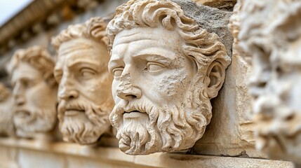 Naklejka premium Ancient Stone Carvings: Classical Head Sculptures