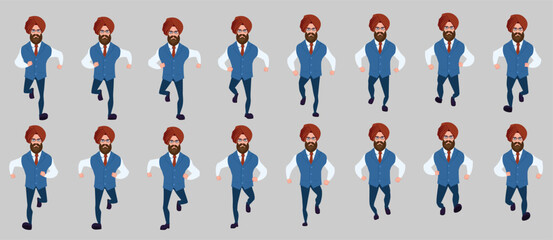 Man Character design. Front, side, back view and explainer animation poses. Character set with lip sync and facial expressions of Happy, angry, sad, Joy with Side walk cycle animation sequence sprite 