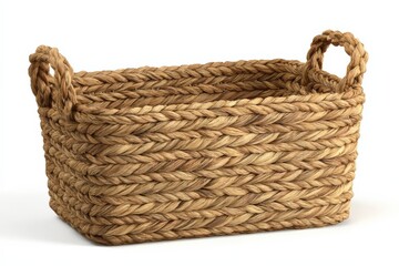 Obraz premium A rectangular seagrass basket with braided details and two handles. Perfect for storage or decor.