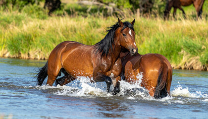 Two brown horses wade in a clear, shallow river surrounded by tall grass on a bright, sunny day