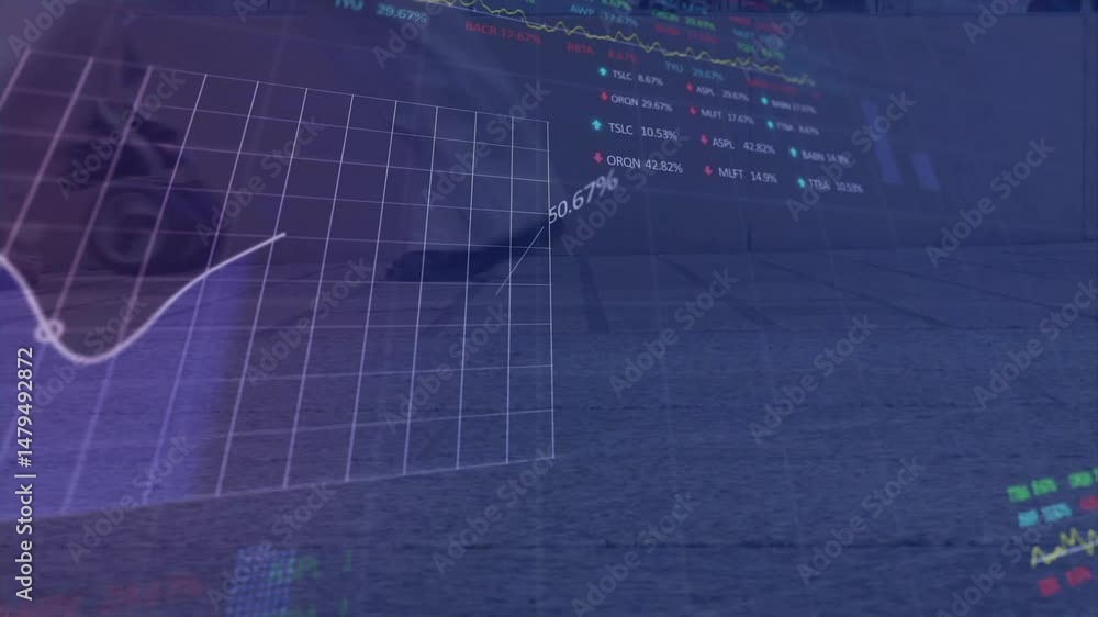 Poster translucent data overlay floating, showing 3d grid chart, stock ticker table and line graphs