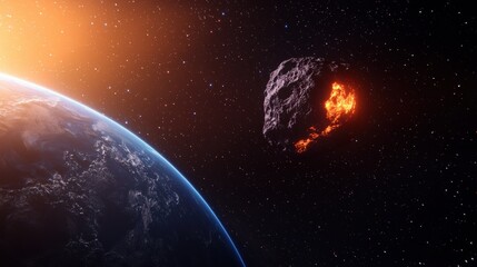 Celestial scene of Earth and a glowing asteroid in space.