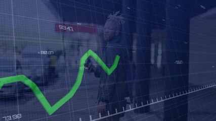 male business exec walking city street, carrying briefcase, showing animated green finance chart - Powered by Adobe