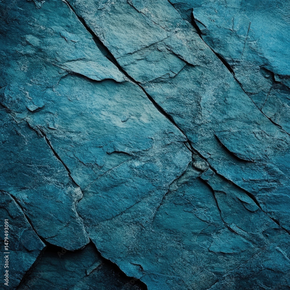 Poster a close-up view of a textured blue rock surface showcasing intricate cracks and natural patterns. id