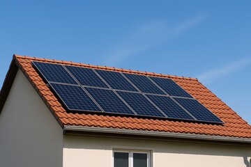 Residential House with Solar Panels on Red Tile Roof under Bright Sunlight