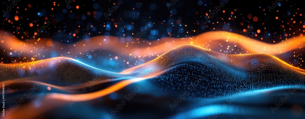 Poster a mesmerizing abstract representation of flowing waves illuminated by vibrant orange and blue lights