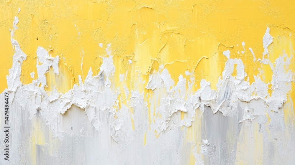Poster vibrant abstract art featuring a textured yellow canvas with white and gray paint layers. creating a