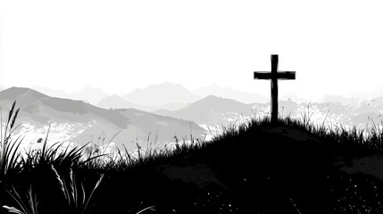 A dark, mountainous shape has a black cross standing prominently at its peak against a stark white backdrop