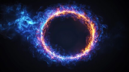 Fototapeta premium A black hole is illustrated with blue and purple energy fields that swirl against a vast, dark cosmic backdrop