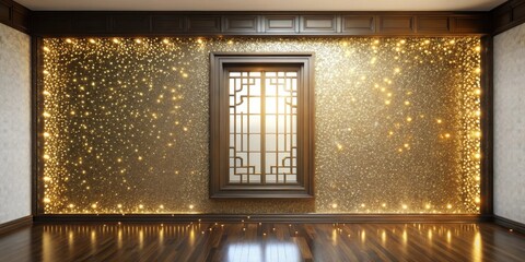 Elegant Room Interior Design with Sparkling Gold Wall and Ornate Window Frame