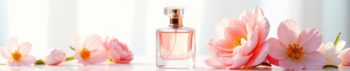 Elegant perfume bottle, fresh flowers, white backdrop, minimal, art, shadow