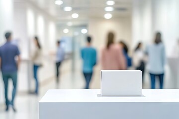 Fototapeta premium A modern. bright reception area with blurred figures in the background. showcasing a welcoming environment for visitors and clients in a professional setting