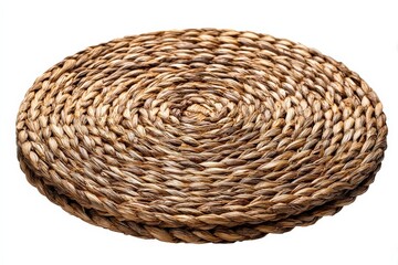 Obraz premium Round woven placemat made from natural fibers. Perfect for adding a touch of rustic charm to your table setting.