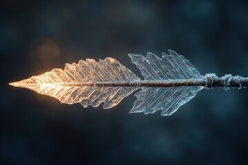 Frozen arrow with intricate ice design illuminates the dark background in a winter landscape at dusk