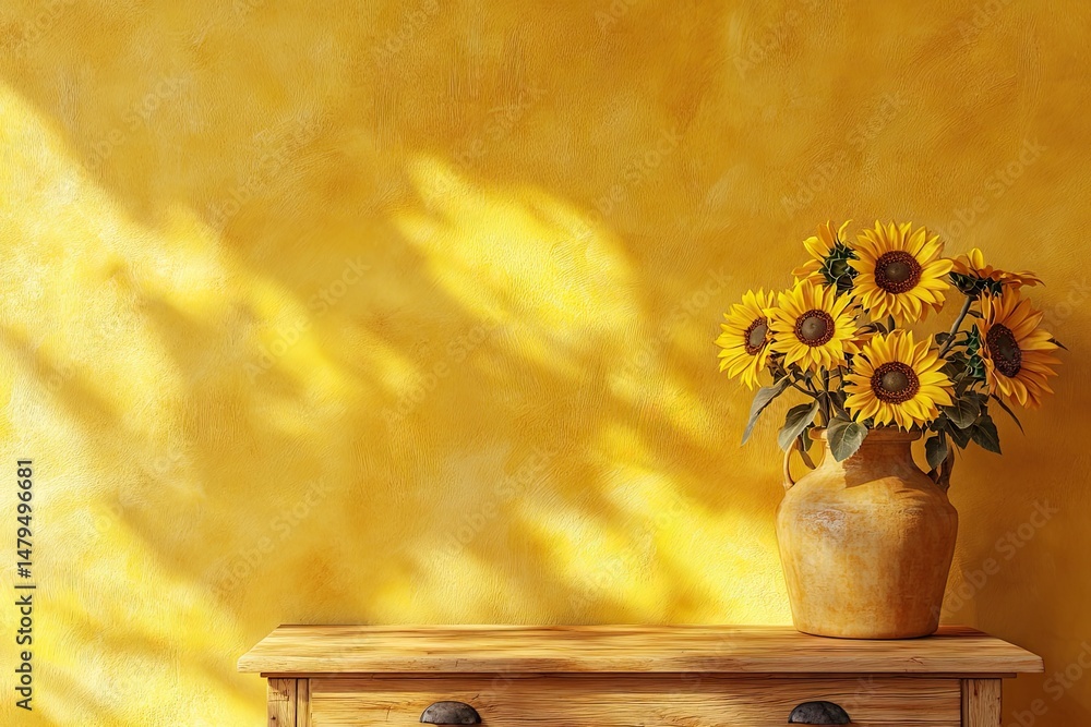 Poster a serene arrangement of sunflowers in a glass vase on a wooden table. illuminated by soft sunlight s