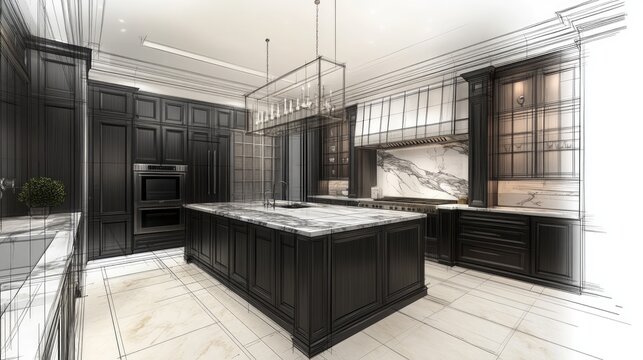 Modern kitchen design featuring a sleek marble island and dark cabinetry. with an open layout showcasing a stylish dining area and minimalist decor in a contemporary home