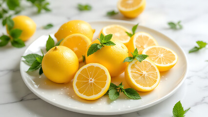 Fresh lemons and mint leaves on a white plate on a marble surface