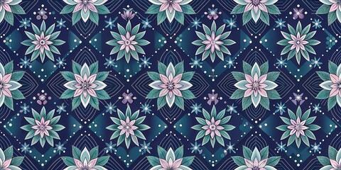 Enchanted Floral Tapestry A Seamless Pattern of Intricate Blossoms and Geometric Designs in Teal and Pink Hues