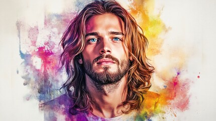 The illustrated portrait shows Jesus having dark hair and a beard that flow, against a background that is textured and colorful