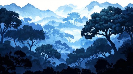 twilight jungle backdrop, with cool toned lighting falling across layered trees, ambient fog rising gently from earth, foreground shadows enhancing depth, detailed and cinematic forest palette