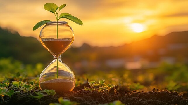 A close-up of an hourglass with sand. symbolizing the passage of time. surrounded by lush green grass and a vibrant sunset in the background. perfect for themes of nature and time management