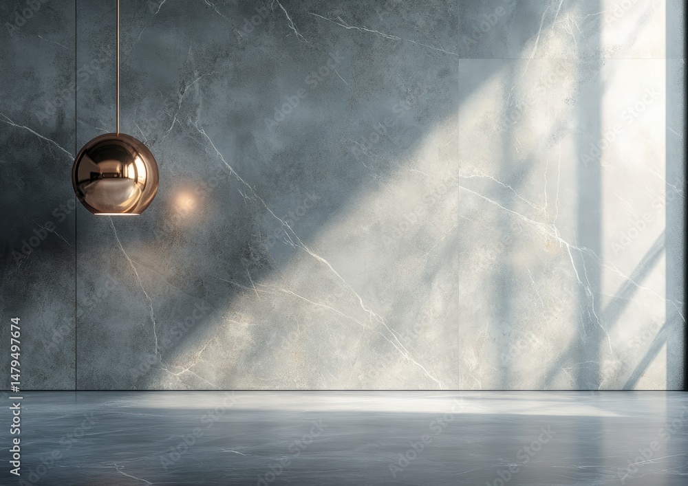 Poster a modern. minimalistic interior featuring a copper pendant light hanging in a spacious room with tex
