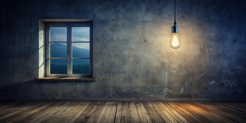 Rustic Interior Scene with a Single Illuminated Bulb and a Window Showing a Mountain View