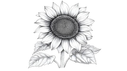 Detailed grayscale drawing of a sunflower, showcasing intricate petals and leaves.