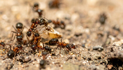 Ants gathering around a crumb, cooperating to carry it across a sandy, rocky surface