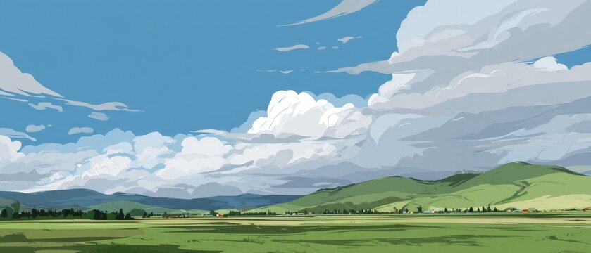 Picturesque landscape with fluffy clouds and rolling hills