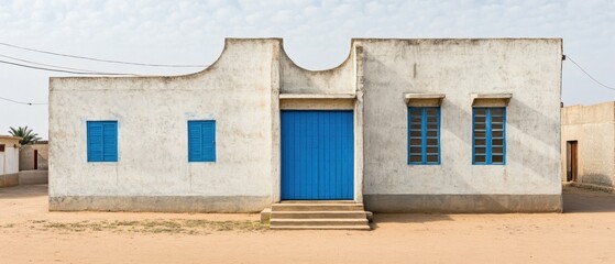 Frontal View of Weathered Adobe Building with Blue Door and Shutters in Desert Setting