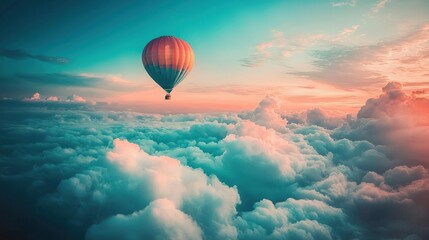 Hot air balloon above clouds at sunset