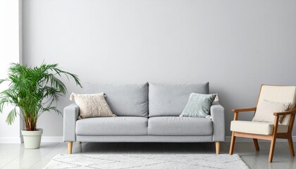sofa with pillows, armchair and houseplant in living room