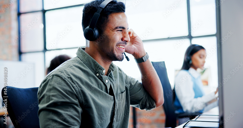 Poster business, man and headset with computer at call centre for customer service, contact us and advisor.