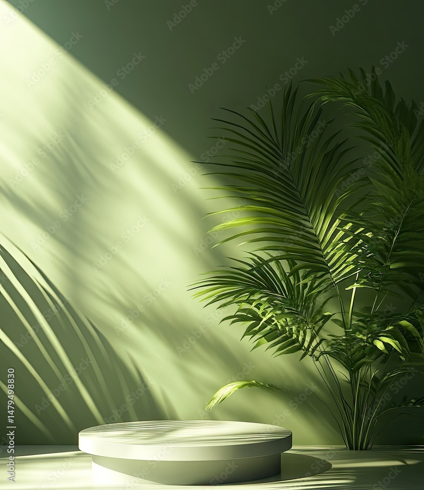 Poster a serene green backdrop featuring a circular platform surrounded by lush palm leaves. creating a tra