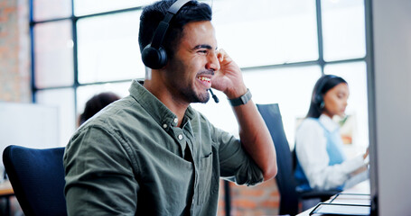 Business, man and headset with computer at call centre for customer service, contact us and...