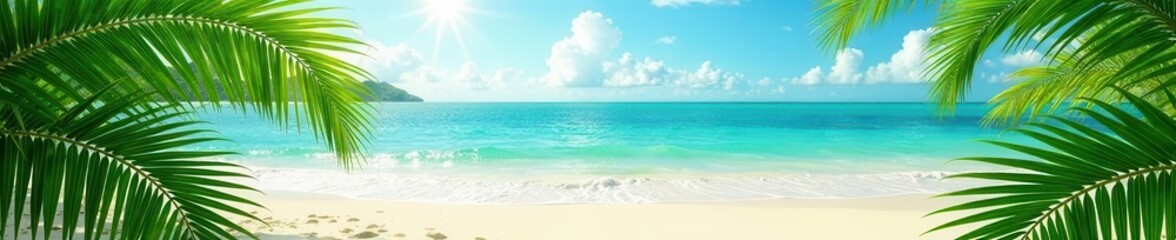 Obraz premium Palm leaves frame sandy beach; ocean backdrop , holiday, sand, advertising