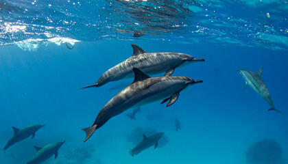 Dolphins swim in a blue ocean; a group of them under clear water