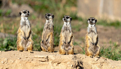Meerkat family Four slender creatures perched upright in a row, on lookout with bright, attentive faces
