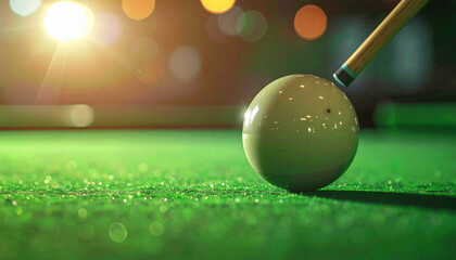 Billiards A cue ball awaits impact on a green felt table, bokeh lights glimmering in the background