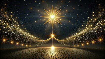 Celestial Golden Starburst Illumination on Dark Background with Glittering Trails and Spotlights