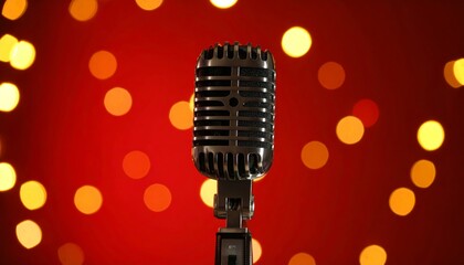 Vintage microphone on a dark red background with blurry lights.