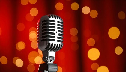 Vintage microphone on a dark red background with blurry lights.