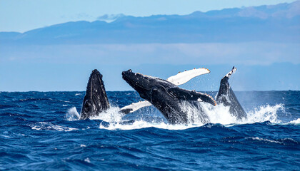 Whales breach the ocean surface, revealing white fins against blue water and cloudy sky background