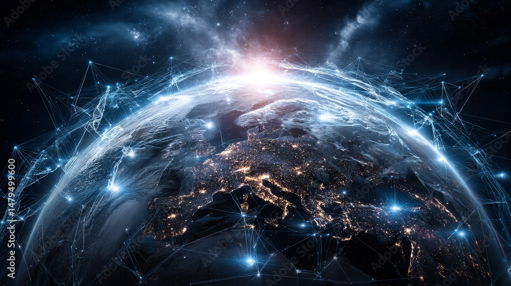 Poster global satellite internet technology background. earth in space enmeshed network line of data flow. 