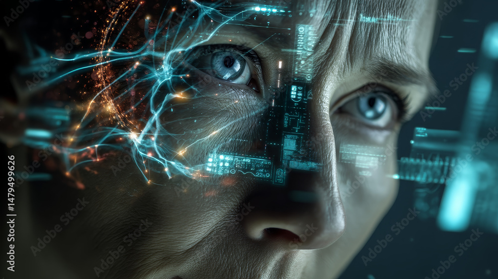 Poster artificial intelligence. ai head with neural network brain hanging over virtual digital podium. wise