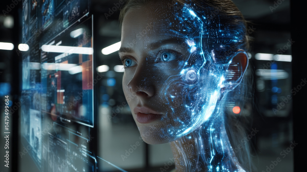 Poster artificial intelligence. ai head with neural network brain hanging over virtual digital podium. wise