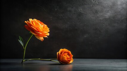 Elegantly arranged orange blossoms on dark surface against a textured backdrop, showcasing the delicate beauty and vibrant hues of the flowers