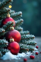 Red Christmas baubles & frozen twigs on festive banner , baubles, winter wonderland