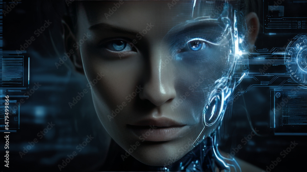 Poster artificial intelligence. ai head with neural network brain hanging over virtual digital podium. wise